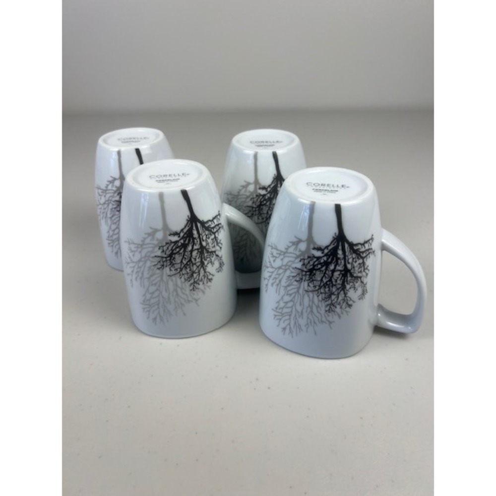 Corelle Coordinates TIMBER SHADOWS Porcelain Tree Coffee Tea Mugs White Set of 4 - Picture 10 of 12